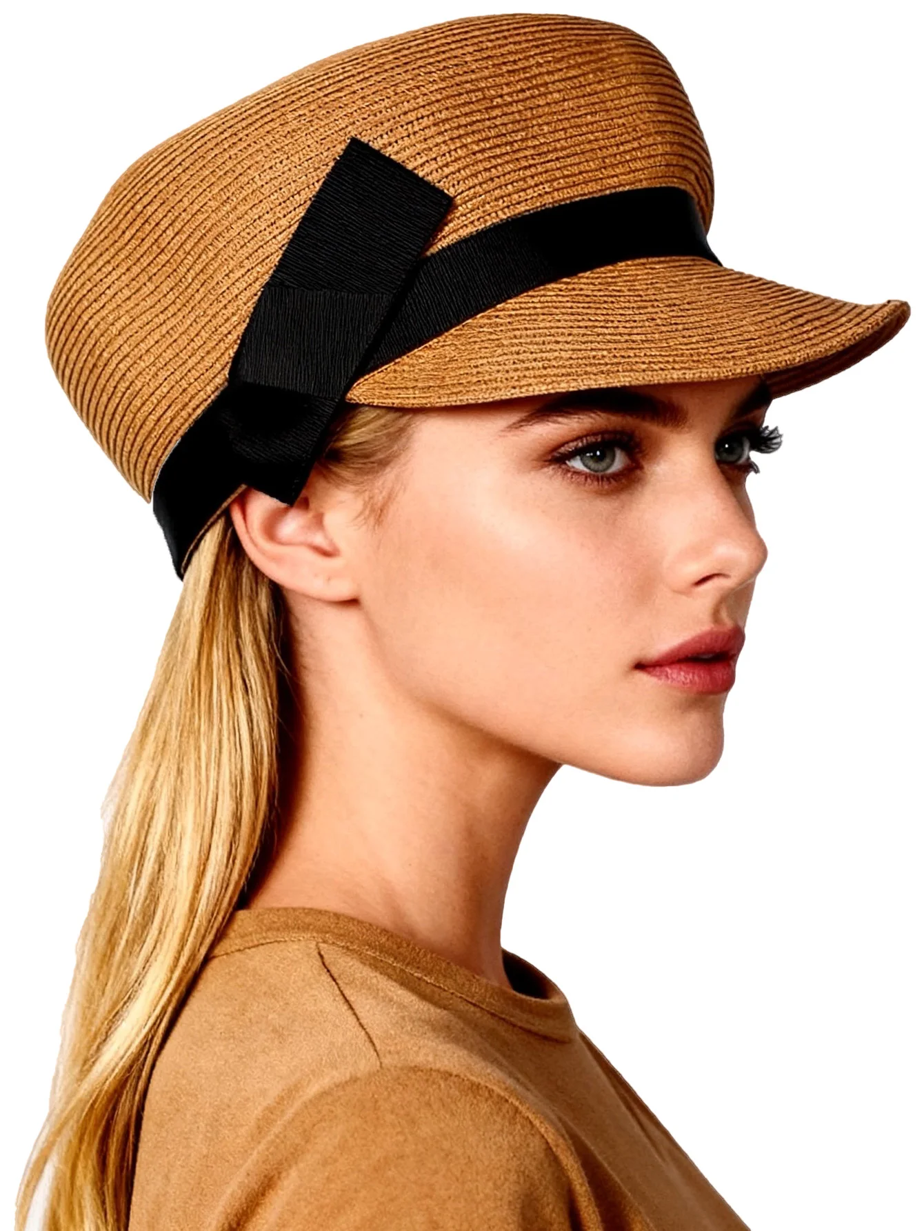 Women's Wide Brim Foldable Straw Hat with Black Ribbon Bow Summer Beach Sun Hat for Vacation Travel Casual Fashion
