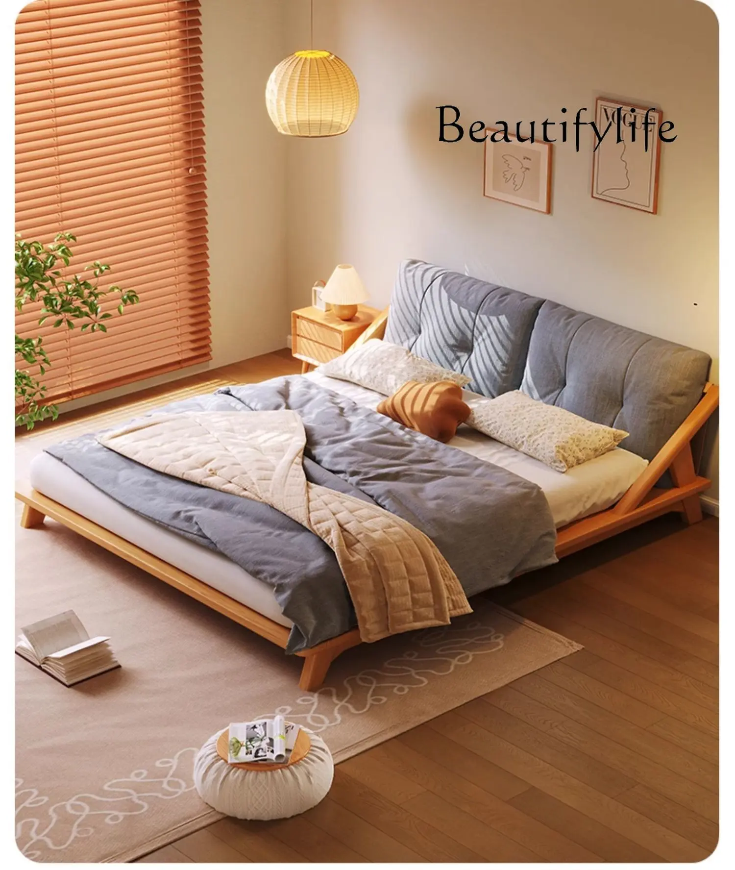 

Nordic Solid Wood Simplicity Japanese Style Log Cream Style Tatami Double Bed Small Apartment