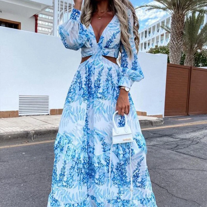 

Elegant Women's Summer Beach Dress Hollow Sexy Print V-Neck Long Sleeve Sundress Holiday Beach Dresses Vestidos Платье Женское