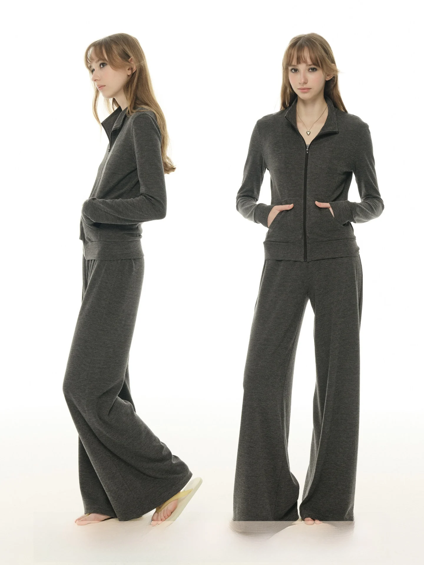 

Casual Sportswear Set Women's Slim Fit Stripe Stand Collar Sweatshirt High Waist Long Pants Two Piece Set Spring Autumn