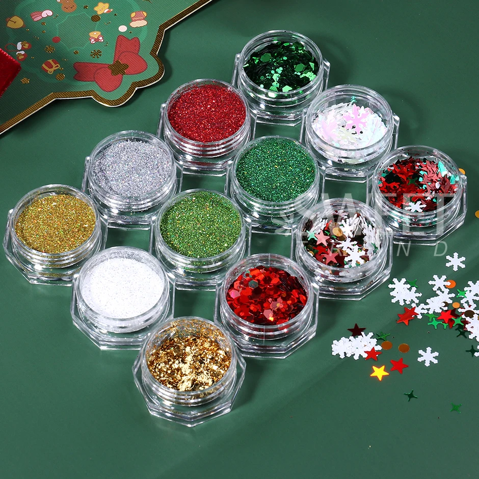 12 Uds. De lentejuelas navideñas para uñas, copos de nieve brillantes mezclados, polvo láser DIY Flash, herramientas de decoración de manicura de Año Nuevo para invierno