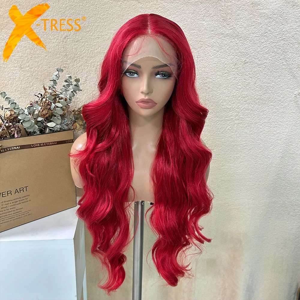 

Red Colored Long Body Wave Synthetic Lace Front Wigs for Women X-TRESS Middle Part 28" Heat Resistant Fiber Natural Hair Wig