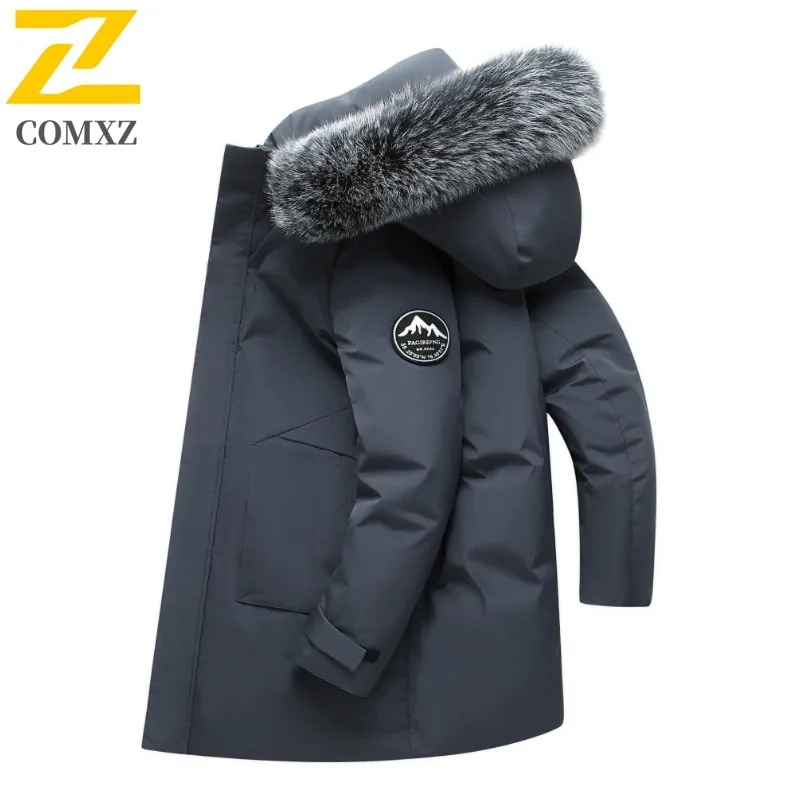 COMXZ جودة عالية سترة خارجية مقنعين الفراء طوق Coldproof يندبروف العمل مبطن سترة 2025 الثلوج وسيم الرجال الشتاء سترة