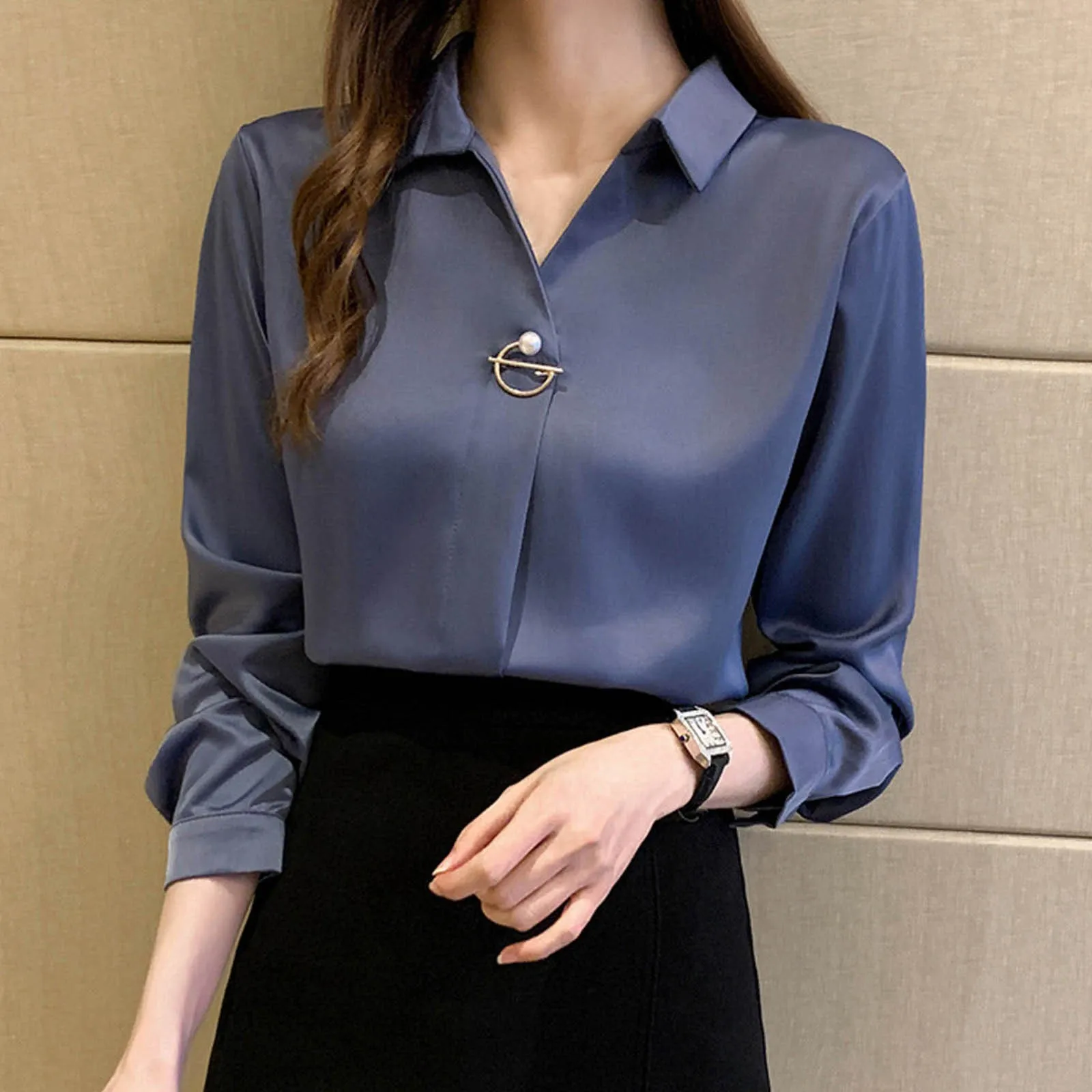 

Elegant Temperament Deep Blue Satin Office Blouses Fashion Slim Fit Pearl Brooches Korean Style Long Sleeve Commute Shirts