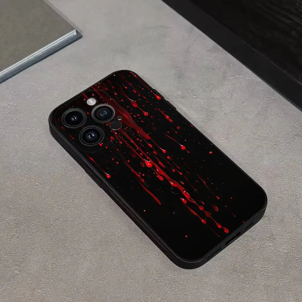 حافظة هاتف HALLOWEEN BLOODY SPLATTER لهاتف iPhone 17,16,15,14,13,12,11 Plus,Pro Max,XS,X,XR,SE,Mini,8,7,غطاء أسود من السيليكون الناعم