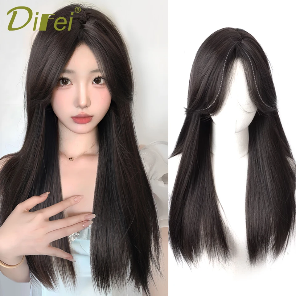 

Korean-style S-slit Long Straight Hair Synthetic Natural Middle-parted Curly Chemical Fiber Heat-resistant Wig Butterfly Haircut