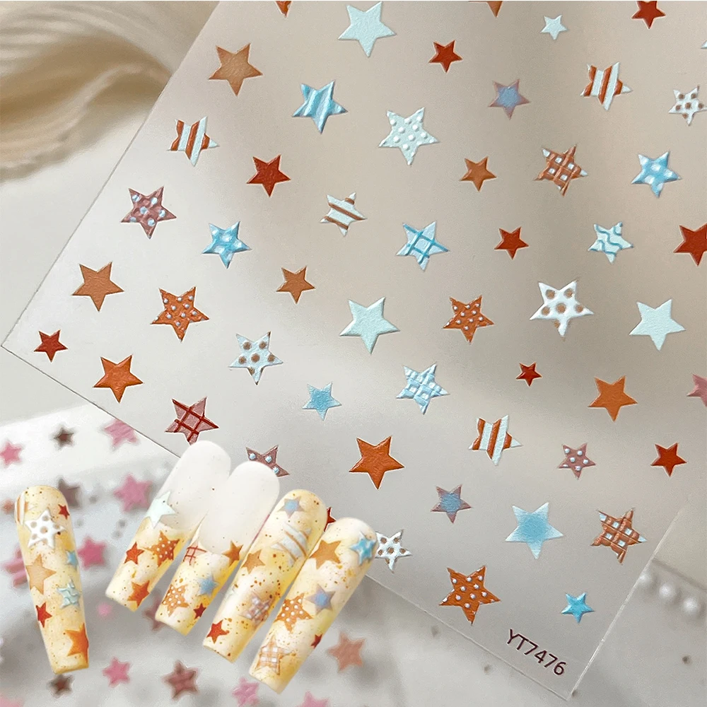 1pc 5D Grid Polka Dot Line Star Nail Art Sticker Autumn Y2K Brown Blue Dotted 5-Pointed Star Adhesive Nail Decal Manicure Decals