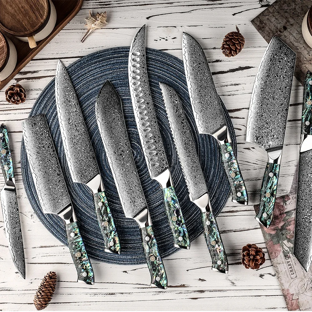 Damascus Steel Set Damascus AUS10 Chef Knife With Exquisite Shell Abalone Handle Japanese Santoku Chef Knives