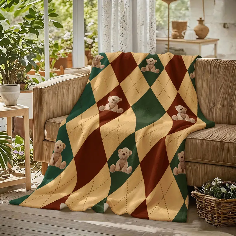 Teddy Bears Argyle Green Flannel Blanket Perfect for Sofa Office Bed Travel Sleep Read Relax Camping Four Season Use