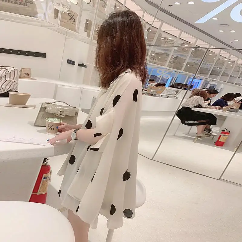 Summer Chiffon Thin Oversize Short Sleeve Polka Dot Women Casual Shirts Elegant Comfortable Silky Loose Straight Female Clothing