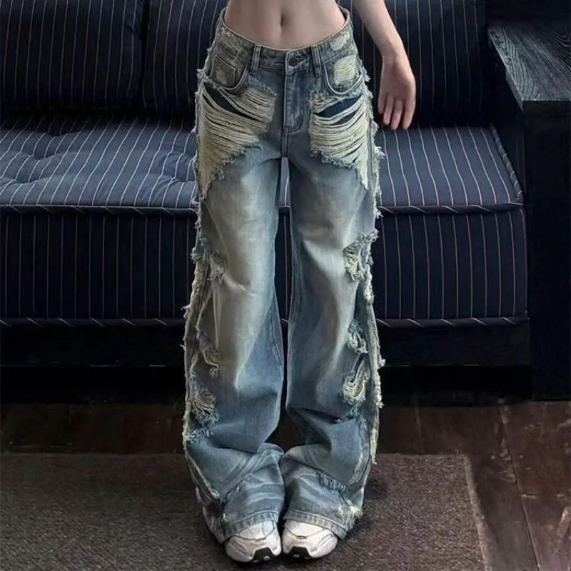 

Womens Subculture Ripped Jeans High Waist Vintage Classic Straight Baggy Denim Pants Street Y2K American Hottie Wide Leg Denim