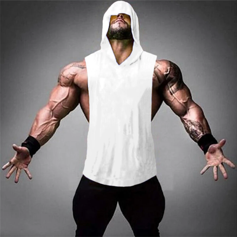 Men Hooded Stringer Tank Top Cotton Breathable Sleeveless Vest For Bodybuilding Gym Running Workout Summer Fitness Sports Wear