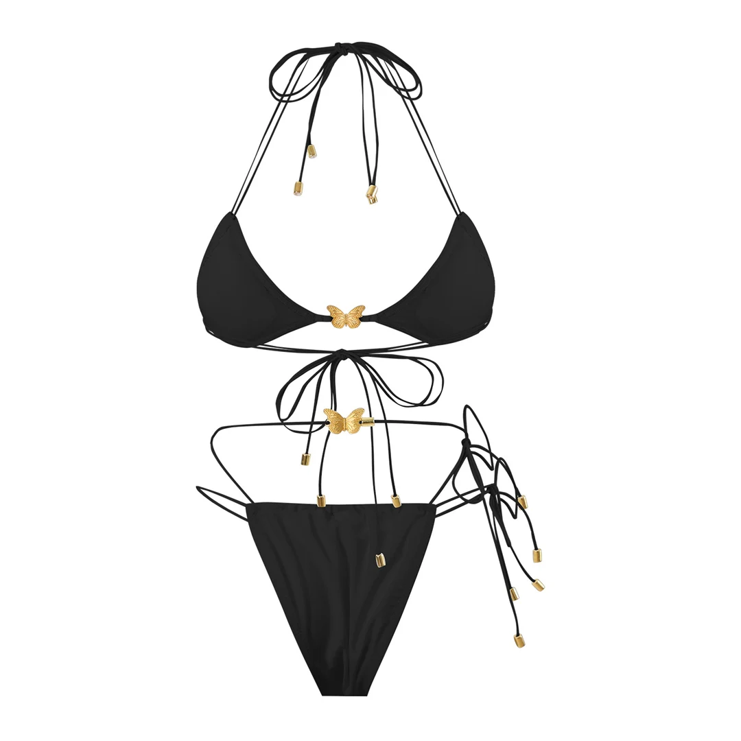 Metall-Schmetterlings-Halterneck-Bikini mit hohem Beinausschnitt, zweiteiliger Damen-Bikini, Badeanzug, Badebekleidung, Badeanzug, Schwimm-Bikini V6460 – Detail 12