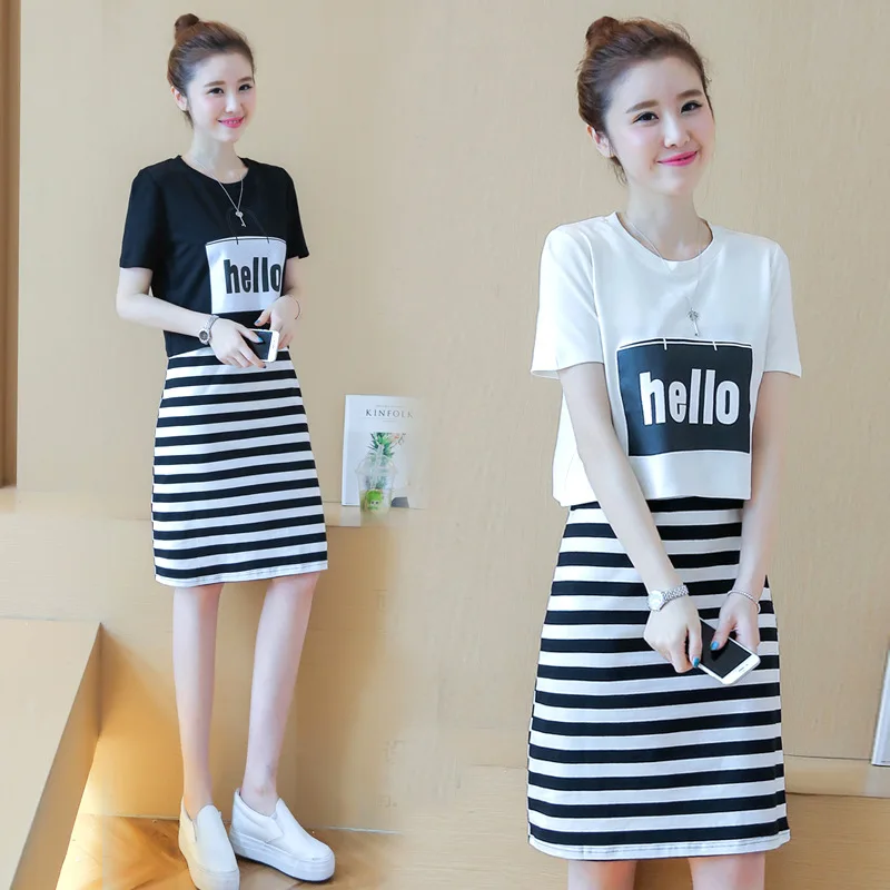 2 Pieces Sets Women Summer Suit Female Summer short-sleeved T-shirt + Skirt two-piece Batch Women Clothings WBX5025