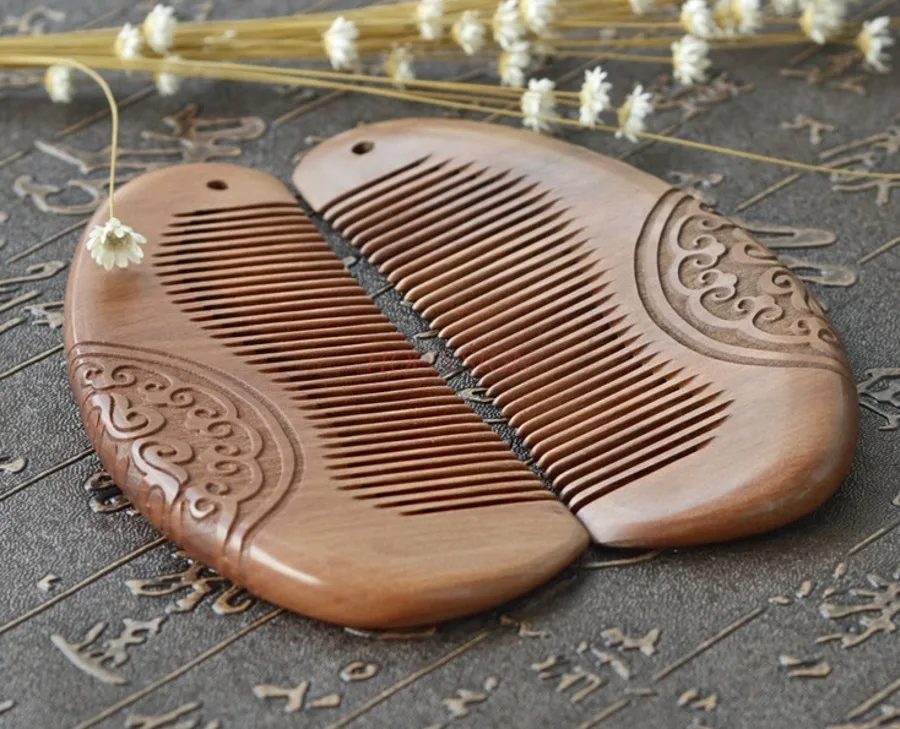 مشط رائع من خشب الخوخ المنحوت على الوجهين مقاس 14 سم، حقيبة تدليك محمولة لتصفيف الشعر