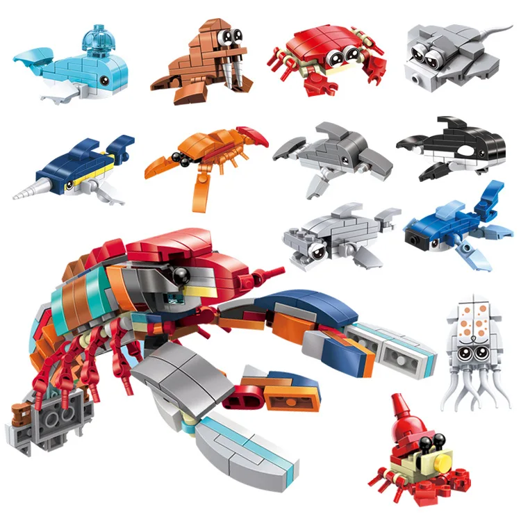 Creativity Mini Ocean Animal Model Building Blocks12 in 1 Lobster Whale Bricks Christmas Educational Assembly Toys for Kids