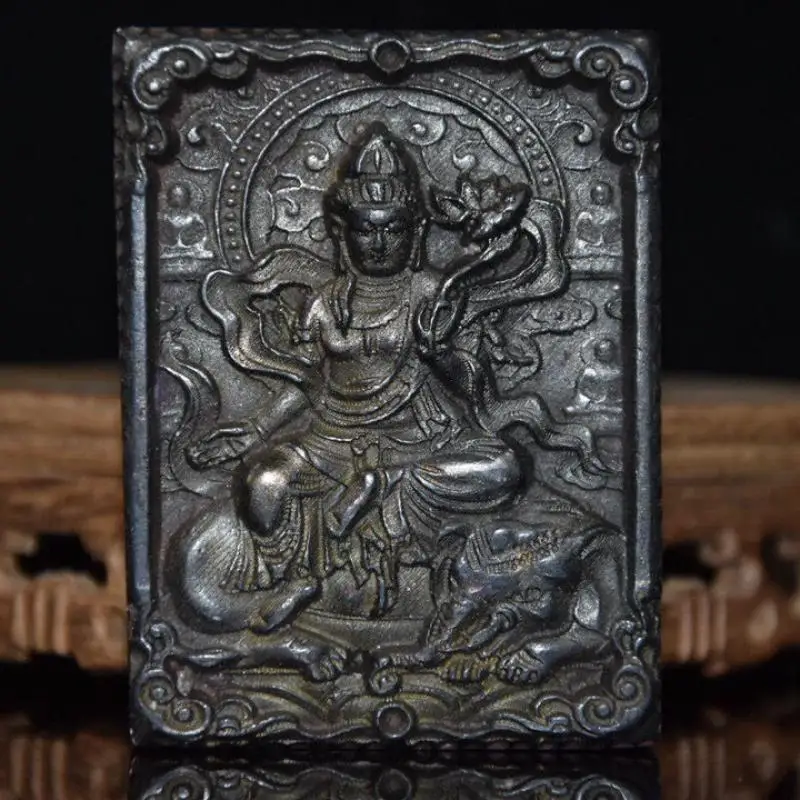 Hongshan Style Meteorite Iron Carved Samantabhadra Bodhisattva Plaque Tibetan Buddha Statue Pendant Decor Gift
