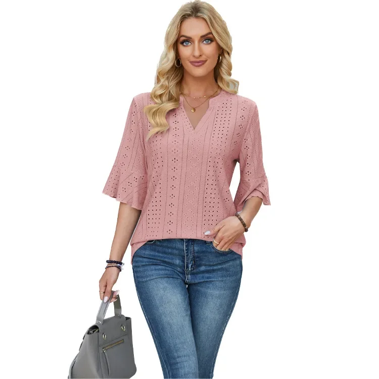 جديد المرأة الصيف بلوزة بلون الربع الأكمام فضفاضة المناسب تي شيرت جوفاء تنفس بلون ملابس نسائية #4