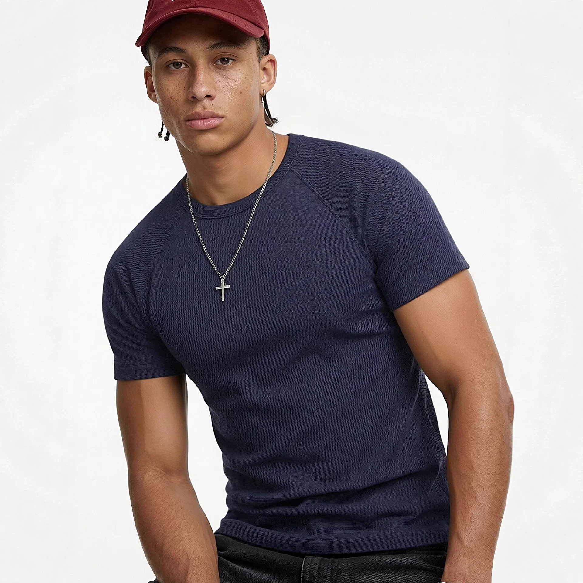 Men's Apparel | 270G Elastic Fitted Navy T-Shirt Tank Top | 2026 Spring/Summer American Style Slim Fit Short Sleeve New Arrival