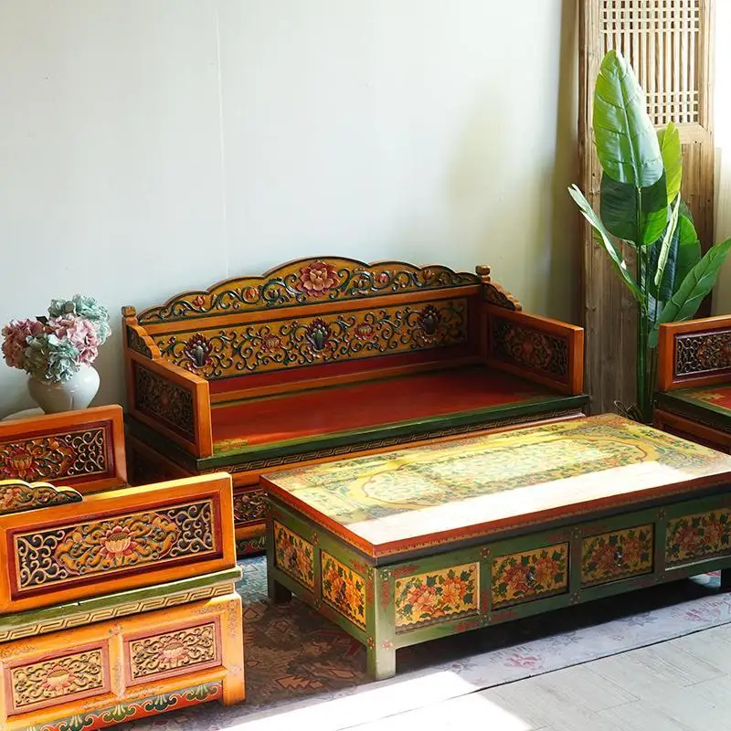 Household sofa bed combination solid wood carved cross-legged, meditation chair Arhat bed, homestay retro chair