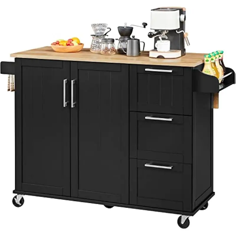 Rolling Kitchen Cart with Foldable Leaf Table Top Tiered Storage Shelves Three Drawers Built-in Spice Holder Sturdy Engineered W