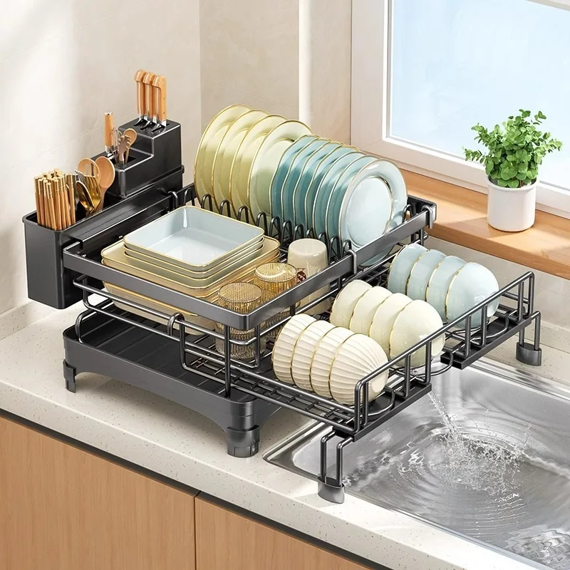 Expandable Folding Dish Drying Rack Kitchen Countertop Sink Edge Carbon Steel Dishware Organizer Single Or Double Tier Utensil