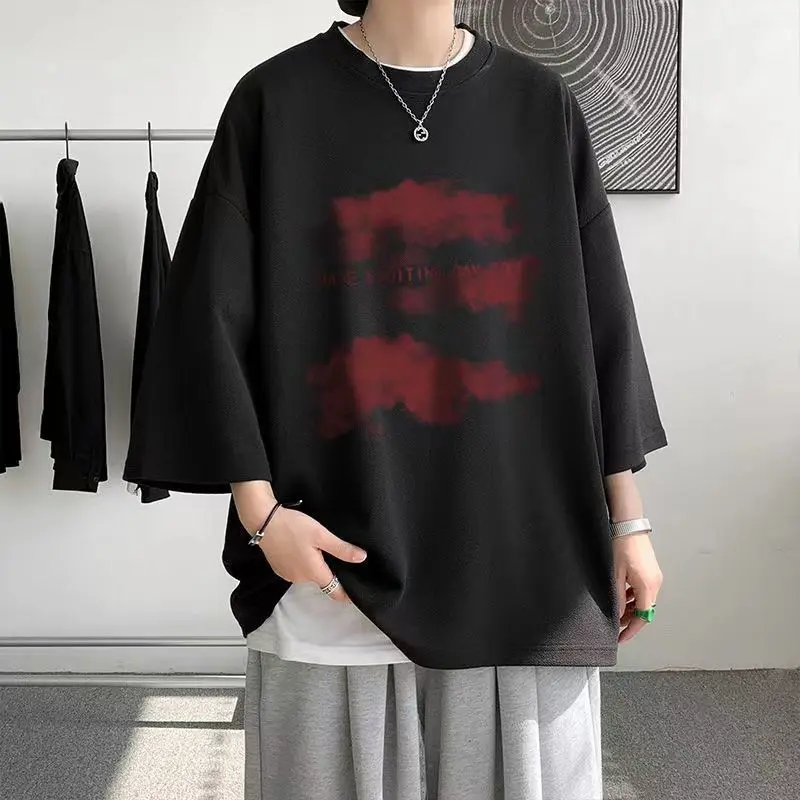 2023 Summer Y2K High Street 3/4 Sleeve T-Shirts Man Round Neck Printing Oversize Tops New Loose Personality Hip Hop Streetwear