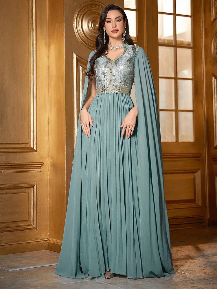 Dubai Women Evening Dress Chiffon Extra Long Cape Sleeve Abaya Muslim Turkey Moroccan Caftan Kaftan Femme Party Gowns Vestidos