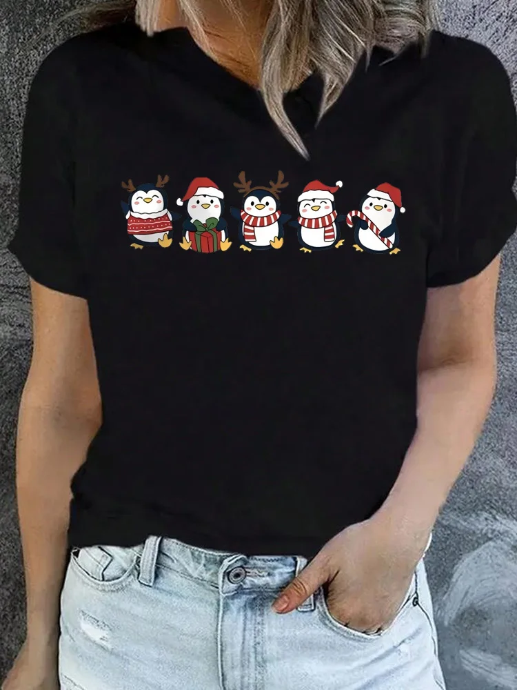Funny Christmas Animal Owl Penguin Print T Short Sleeve O Neck Women Tshirt Ladies Tee Shirt Top Clothes Camisetas