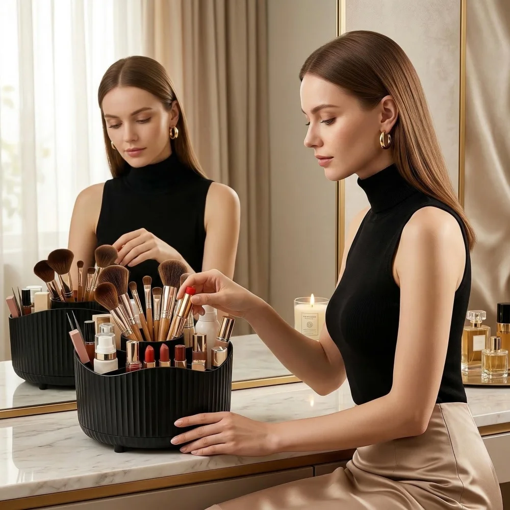 Organizador de Maquillaje Giratorio, Exhibidor de Cosméticos con Soporte para Brochas y Bandeja para Perfumes, Carrusel de Almacenamiento para Baño o Tocador