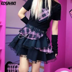 KOSAHIKI Harajuku Girls Plaid Lace Chain Rock Punk Skirts Women Gothic Lolita High Waist Cake Mini  Y2K Streetwear Jupe