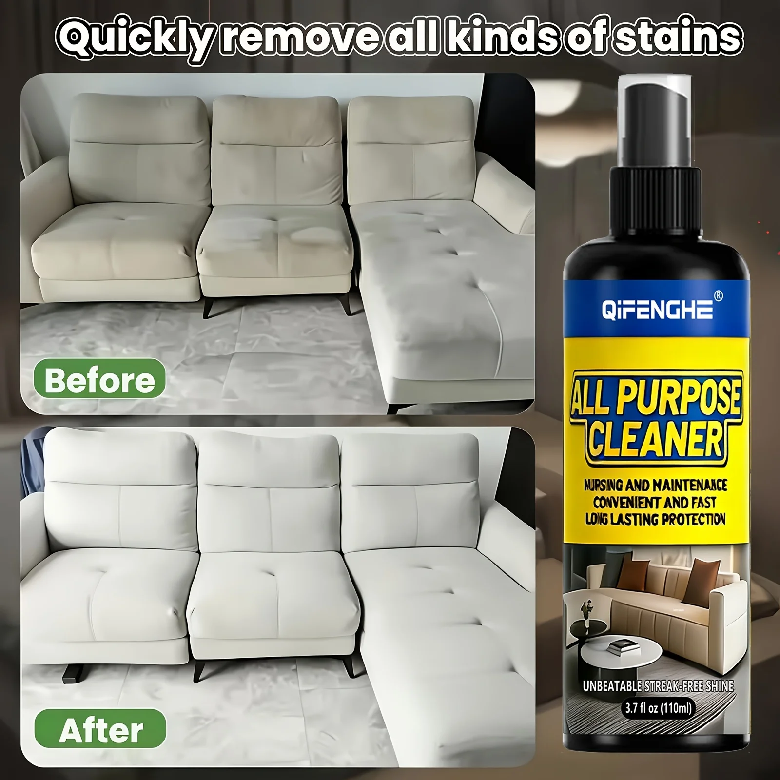 Multi-Surface All-Purpose Cleaner Spray with Microfiber Towel - Stain Remover for Fabric Sofa Carpet Upholstery No-Wash Cleaning view 6
