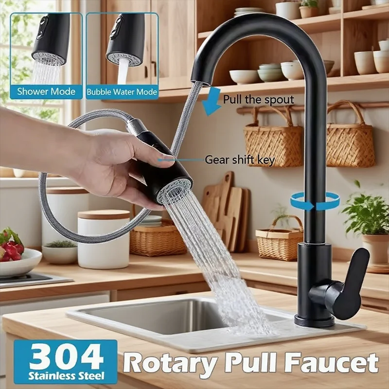 صنبور مطبخ من الفولاذ المقاوم للصدأ بفتحة واحدة صنبور سحب 360 صنبور خلاط حوض دوار مع رأس رش تدفق لسهولة التنظيف #1