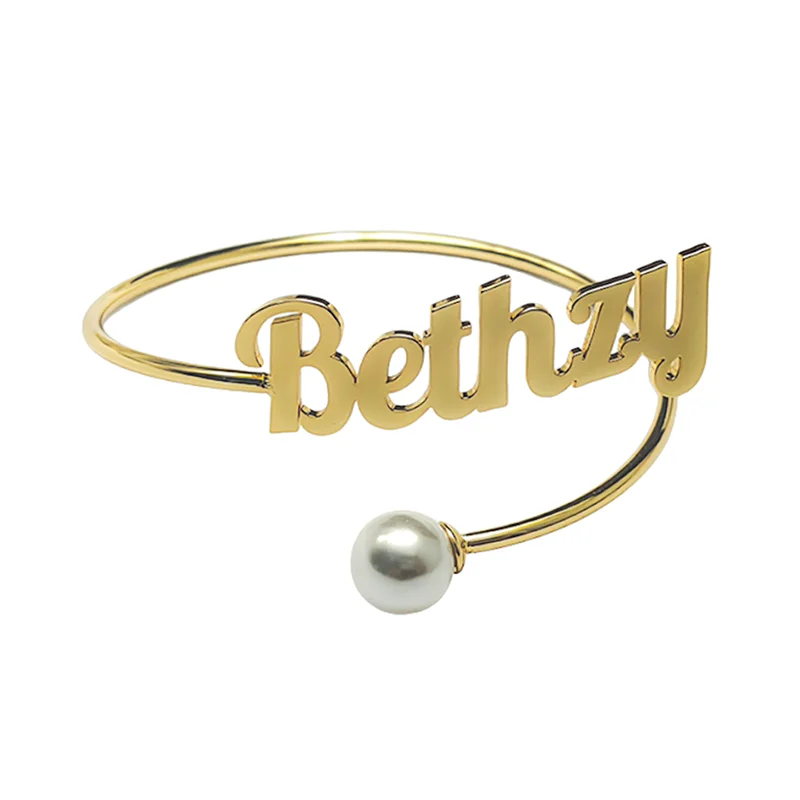 

3UMeter Custom Name Bracelet Stainless Steel 18K Gold Jewelry Pearl Cuff Bracelet Gift for Women Mother's Day