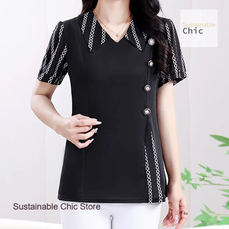

French fashion loose new temperament slim elastic buttons summer new plus size mother stitching short sleeve breathable top.