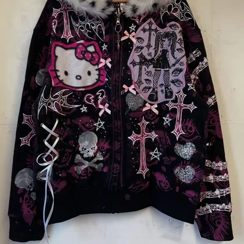 Y2K Gothic Hello Kitty Zip Up Hoodie Leopard Faux Fur Collar Cross Skull Graphic Jacket Pink Bow Lace Ribbon Decor Sweatshirt view 6