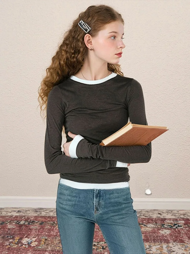 

American Sle Color Blo Long Sve Base irt Inner Wear oulder Length Top Women's Faion Autumn New Arrival T-irt