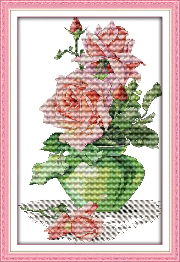 

Joy Sunday New Printed Cross Stitch Kit Easy Pattern Aida Stamped Fabric Embroidery Set-Rose and Vase