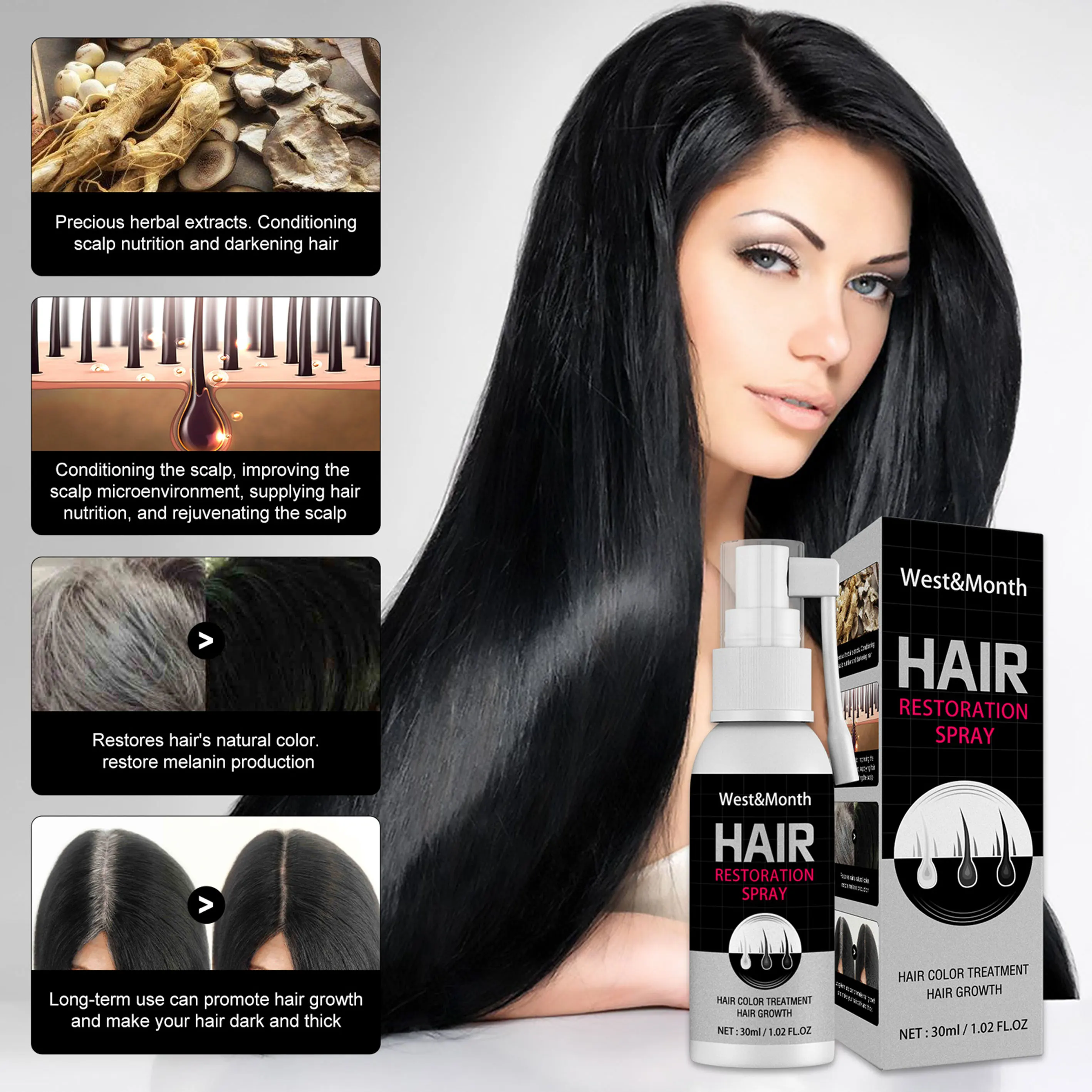 Spray para el cabello negro, extracto de hierbas, suero para el cuidado del cabello negro, cabello blanco a negro, 30ml