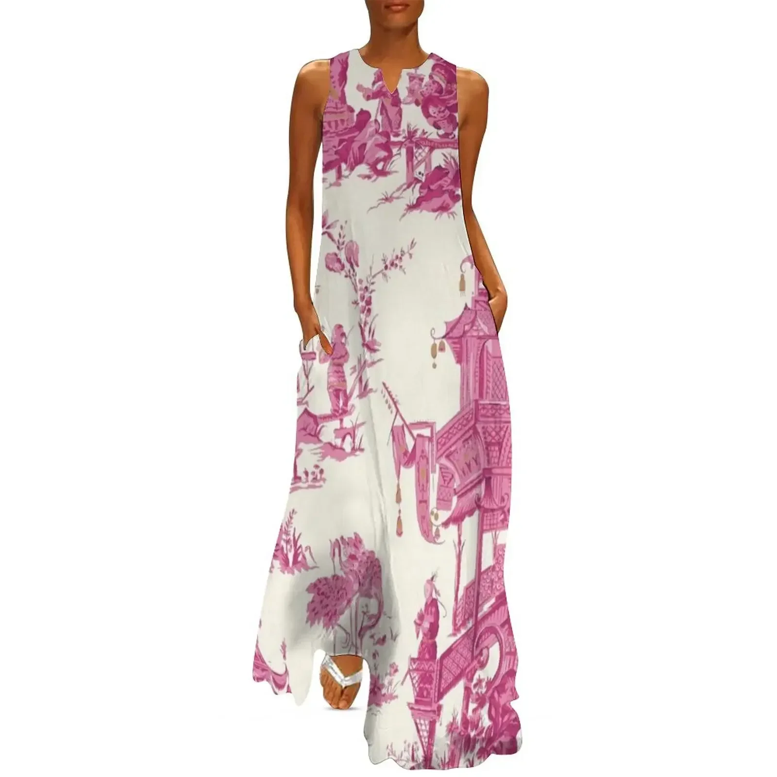 

Toile de Jouy Pink Chinoiserie Tea House Pagoda Long Dress dress for woman Evening dresses long dress women summer