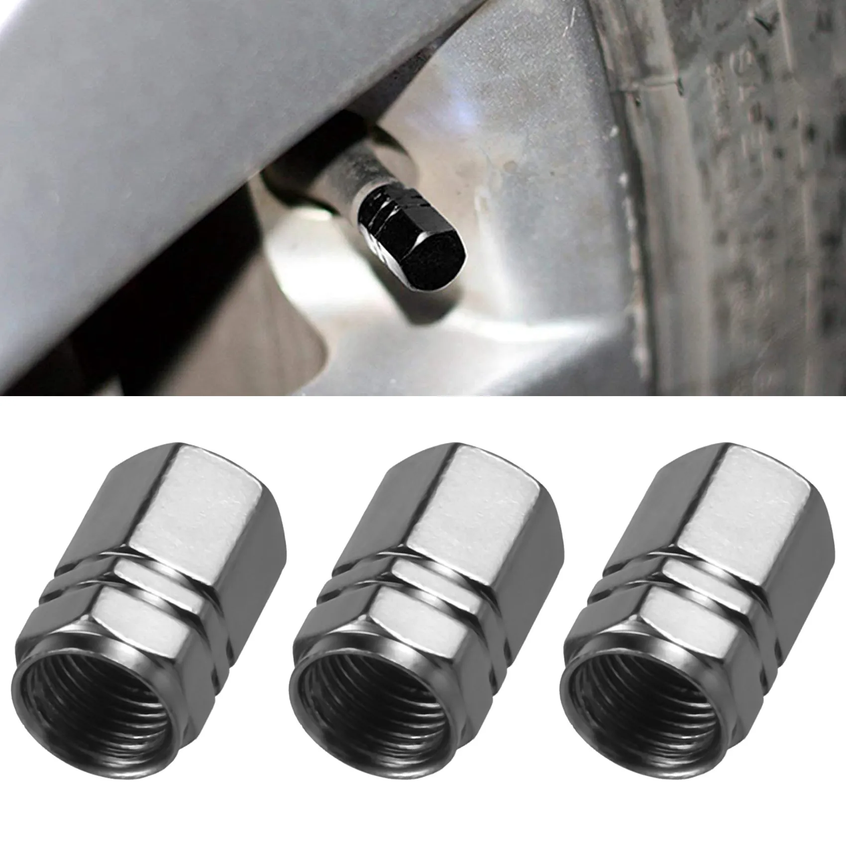 CMCN 8 ชิ้นยาง Stem Valve Caps วาล์วล้อครอบคลุมรถกันฝุ่นหมวกยาง, รูปทรงหกเหลี่ยมไทเทเนียมสีเทา