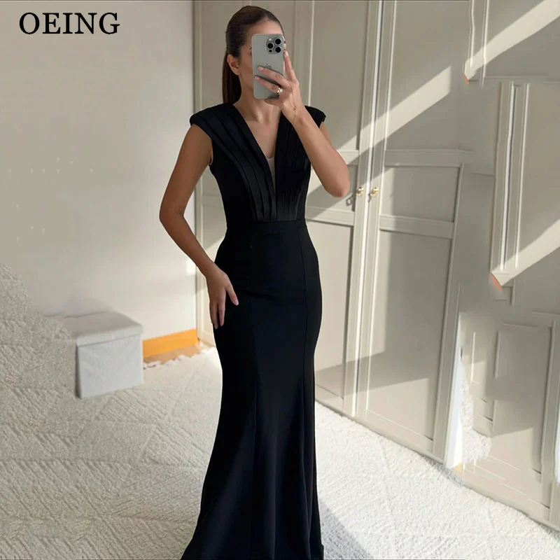 

OEING Simple Mermaid Black Prom Dresses V-Neck Pleats Party Gowns Sleeveless Floor-Length Evening Dress Customized