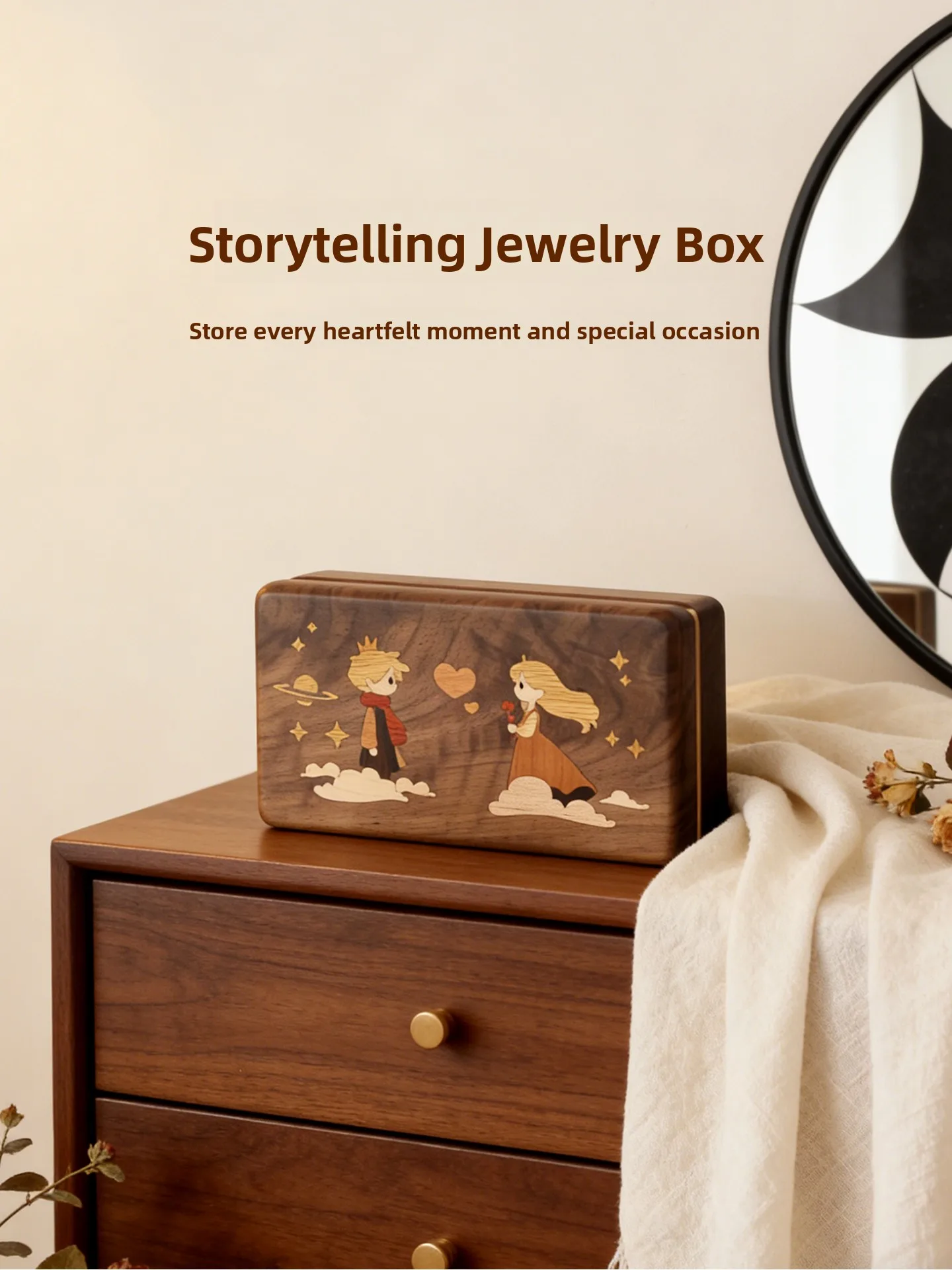 Thesense Black Walnut Wooden Jewelry Box Small Prince Decal  Wood Multi-Functional Storage Box Valentine's Day Gift