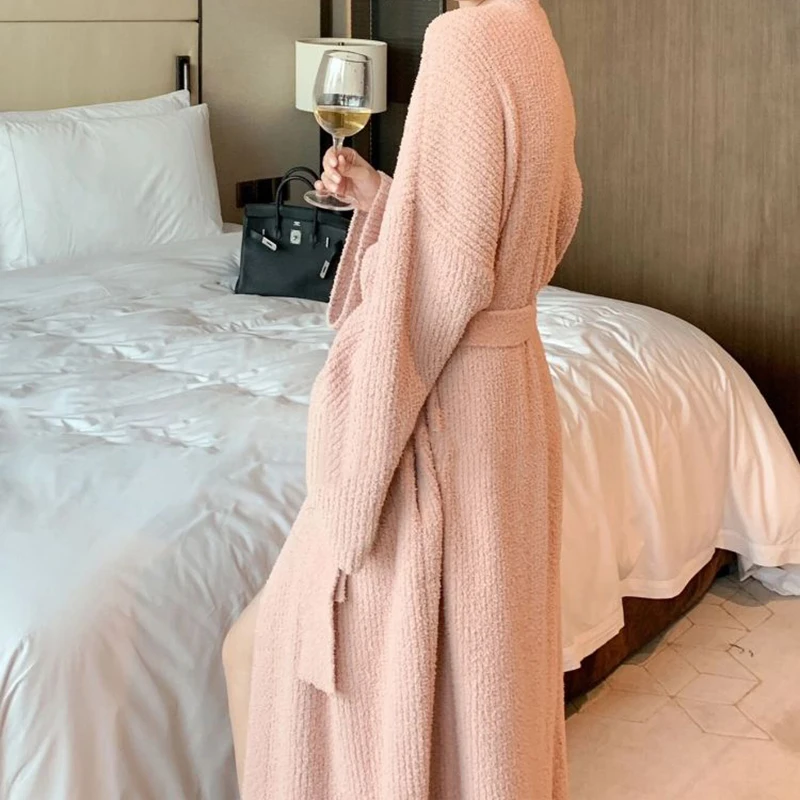 Winter Robe for Women Sleepwear Belt Nightdress Fleece Pajama Solid Night Wears Warm One Piece Nightgown Long Sleeve Homewear