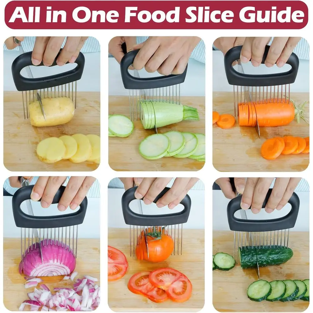 Stainless Steel Onion Holder and Slicer, Large Tomato Slicer with 16 Needles, Potato and Meat Chopper with Slicing Guide