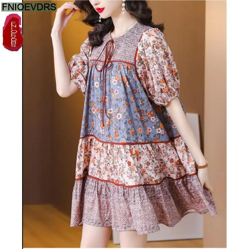 

L-5XL Hot Sales French Design Loose Dresses Fashion Women Elegant Retro Vintage Bow Tie Casual Feminine Vestidos