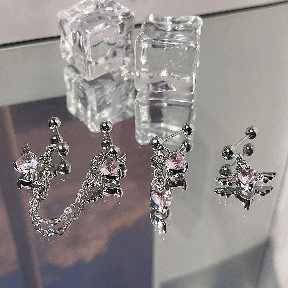 1pc Helix Piercing Chain Earrings For Women Sweet Cool Style Zircon Heart With Wings Double Screw Stud Ear Accessories KDE211 image 6