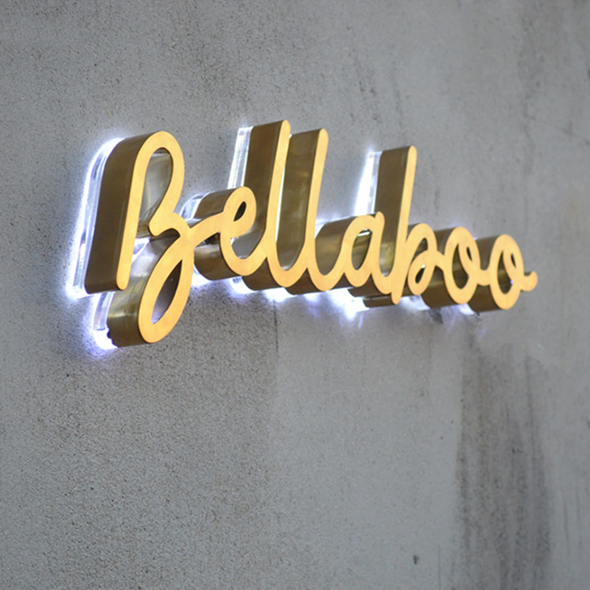 Letrero de letras de canal de latón cepillado iluminado, halo de interior personalizado, logotipo LED 3d, señalización interior, vestíbulo, oficina, venta al por mayor