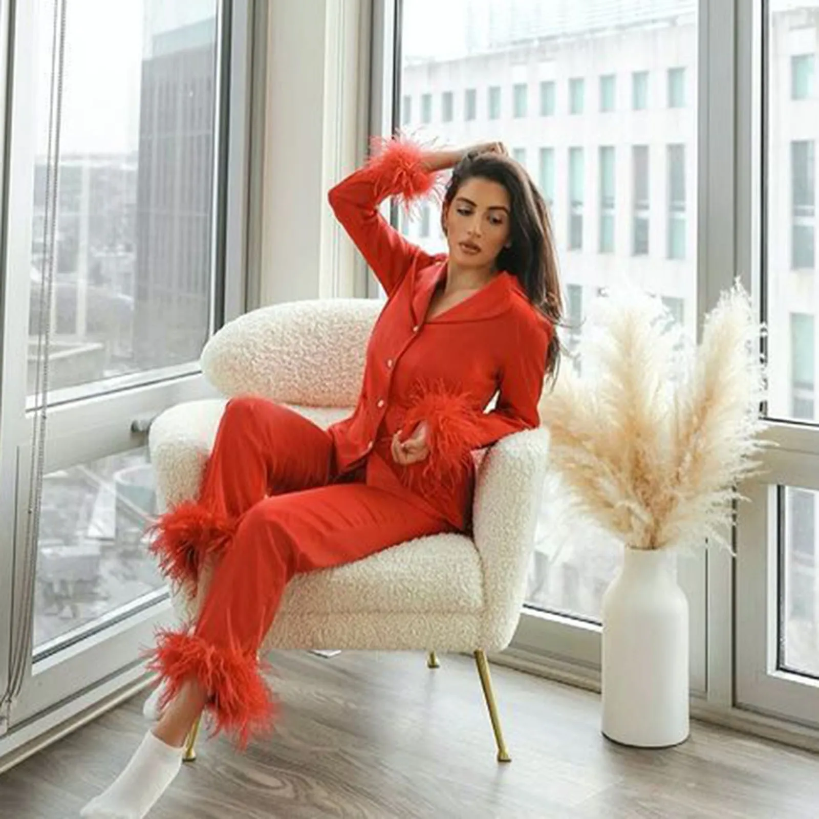 Ensemble de pyjamas en satin pour femmes, vêtements de nuit en plumes, col rabattu, manches longues, deux pièces trempées, vêtements décontractés