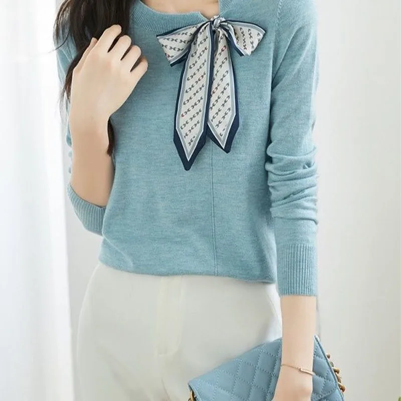 Fashion Elegant Bow Silk Scarf Spliced Sweaters Autumn Women\'s Clothing Long Sleeve Solid All-match Commute Knitted T-shirt